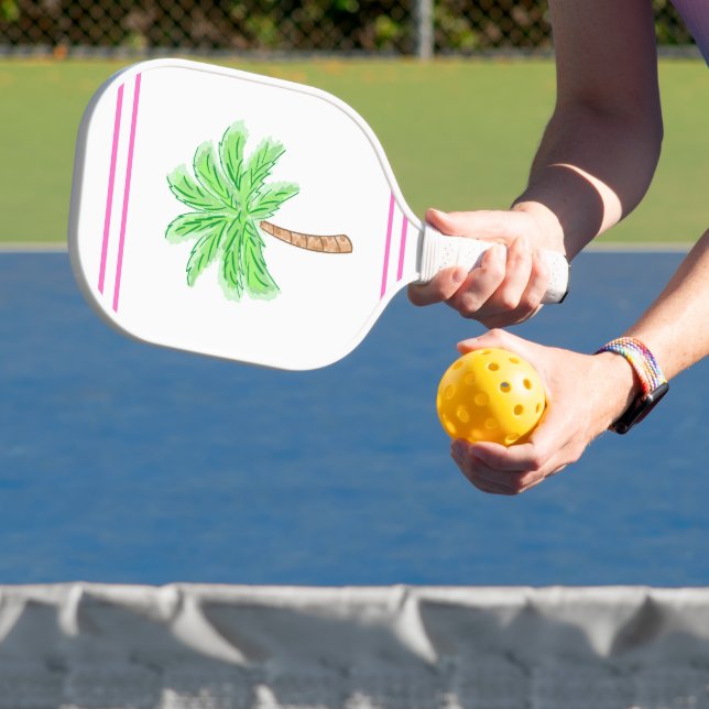 Preppy Palm Tree Pink Stripes Pickleball Paddle (Insitu)