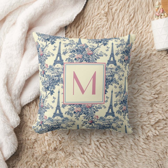 Preppy Paris Toile Pink and Blue Monogram Cushion (Blanket)
