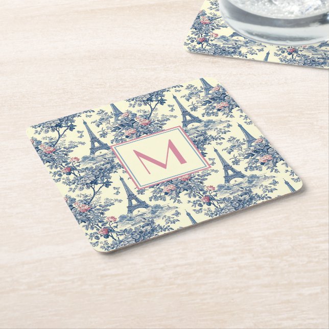 Preppy Paris Toile Pink and Blue Monogram Square Paper Coaster (Angled)