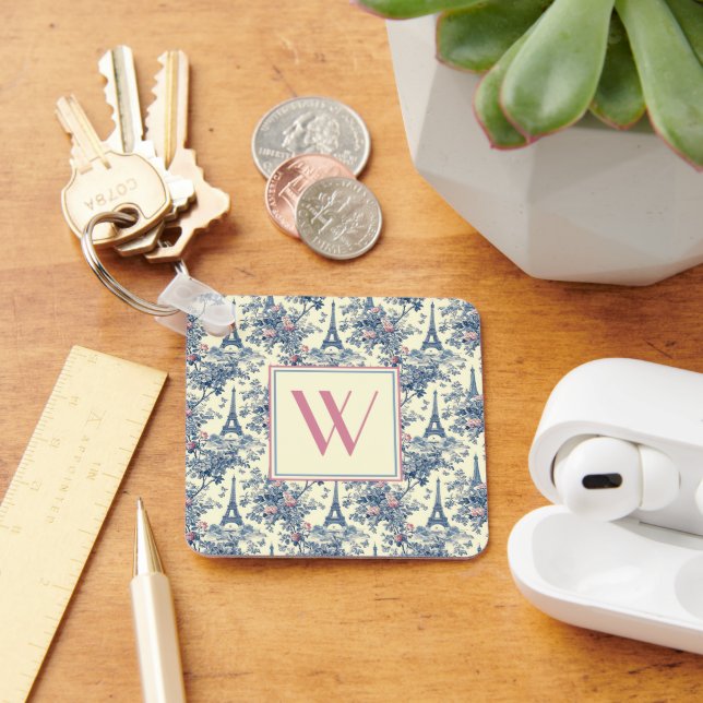 Preppy Parisian Toile Monogram Key Ring (Desk)