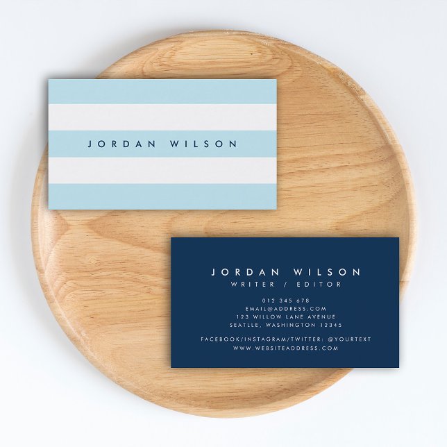 Preppy Pastel Blue and White Stripes Blue Business Card (Creator Uploaded)