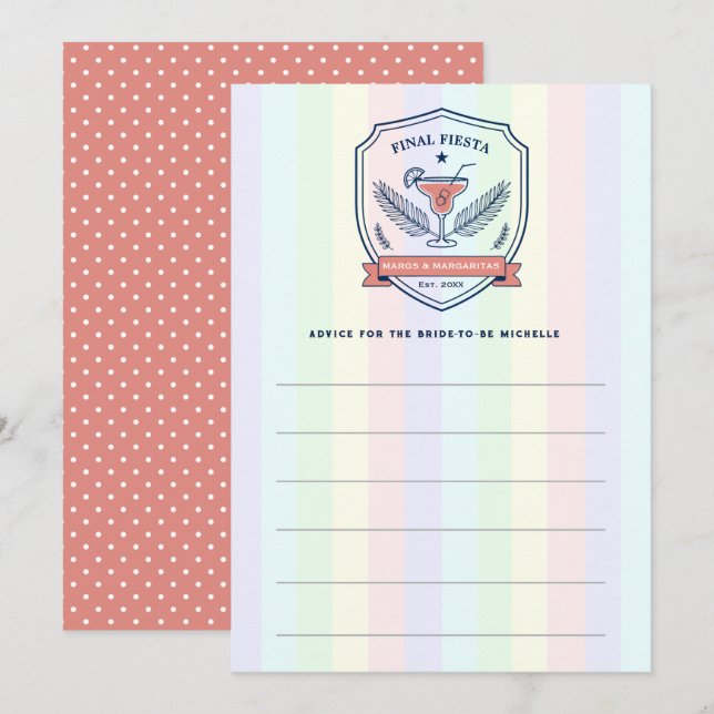 Preppy Pastel Final Fiesta Bachelorette Party Advice Card (Front/Back)