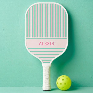 Preppy Pastel Pink Mint Stripes Personalised Pickleball Paddle