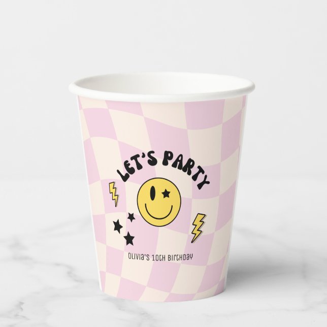 Preppy Pastel Pink Y2K Retro Birthday Paper Plate Cups (Front)