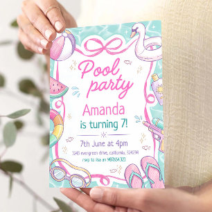 Preppy Pastel Pool Party 8th Birthday Invitation