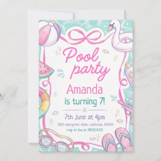 Preppy Pastel Pool Party 8th Birthday Invitation