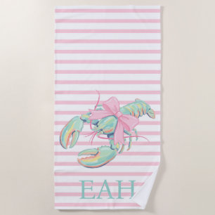 Preppy Pastel Watercolor Lobster Monogram Beach Towel