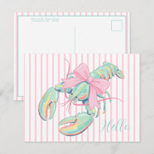 Preppy Pastel Watercolor Lobster on Stripes Postcard