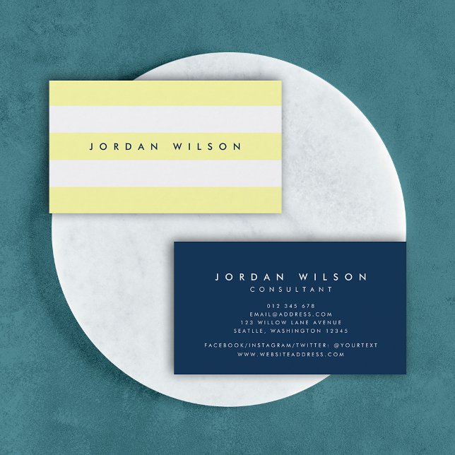 Preppy Pastel Yellow and White Stripes Blue Business Card (Creator Uploaded)