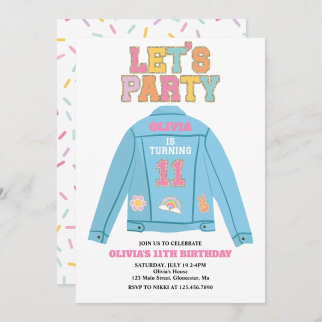 Preppy Patch jean jacket 11TH Birthday Invitation (Front/Back)