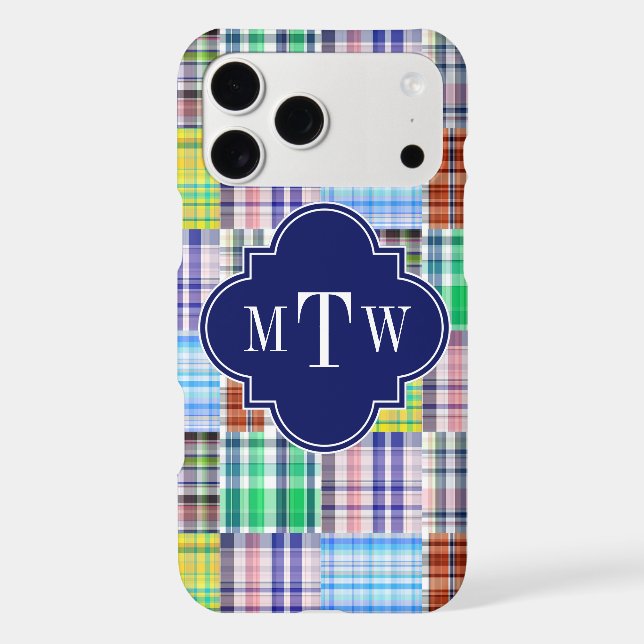 Preppy Patchwork Madras Navy Quatrefoil  Monogram (Back)