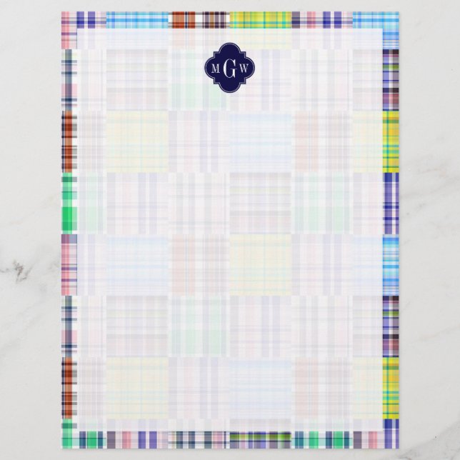Preppy Patchwork Madras Navy Quatrefoil  Monogram (Front)