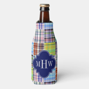 Preppy Patchwork Madras Navy Quatrefoil Monogram Bottle Cooler