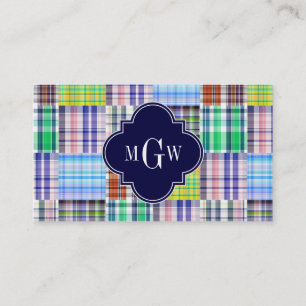 Preppy Patchwork Madras Navy Quatrefoil Monogram Business Card