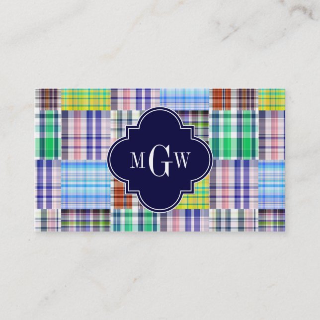 Preppy Patchwork Madras Navy Quatrefoil  Monogram Business Card (Front)