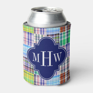 Preppy Patchwork Madras Navy Quatrefoil Monogram Can Cooler