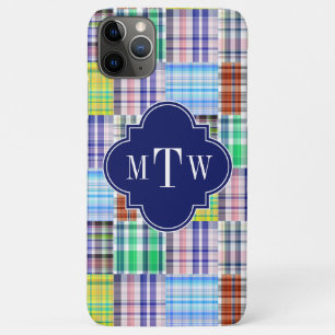 Preppy Patchwork Madras Navy Quatrefoil  Monogram Case-Mate iPhone Case