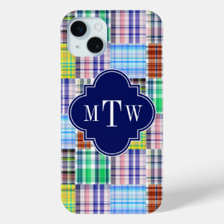 Preppy Patchwork Madras Navy Quatrefoil  Monogram iPhone 15 Mini Case