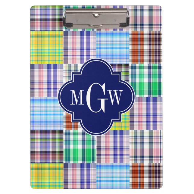 Preppy Patchwork Madras Navy Quatrefoil  Monogram Clipboard (Front)