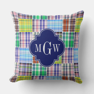 Preppy Patchwork Madras Navy Quatrefoil  Monogram Cushion