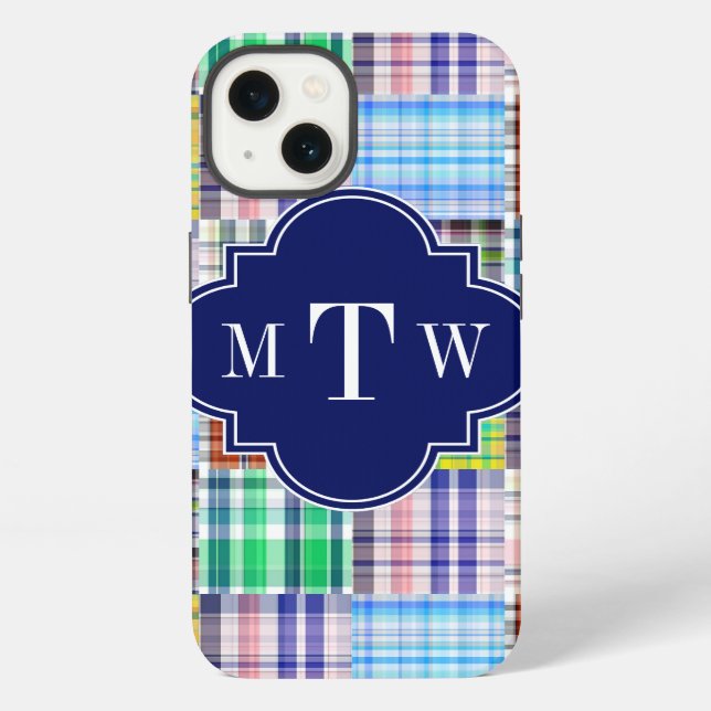 Preppy Patchwork Madras Navy Quatrefoil  Monogram iPhone Case (Back)