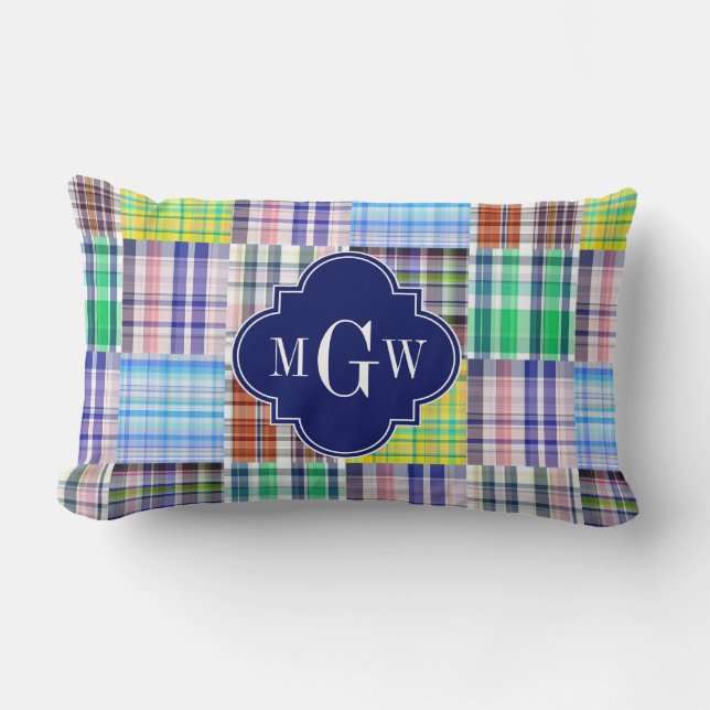 Preppy Patchwork Madras Navy Quatrefoil  Monogram Lumbar Cushion (Front)