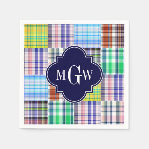 Preppy Patchwork Madras Navy Quatrefoil  Monogram Napkin