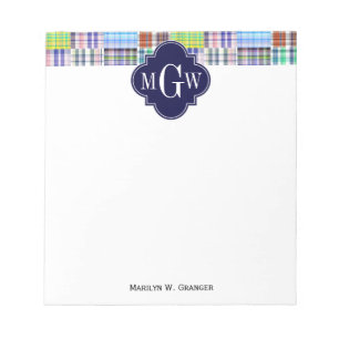 Preppy Patchwork Madras Navy Quatrefoil  Monogram Notepad