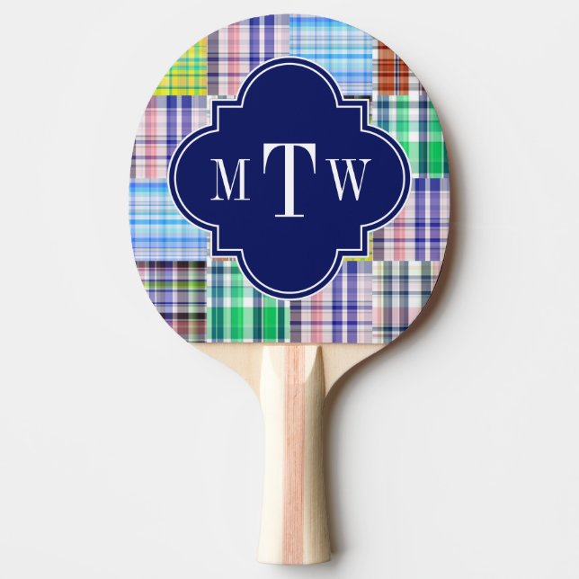 Preppy Patchwork Madras Navy Quatrefoil  Monogram Ping Pong Paddle (Front)