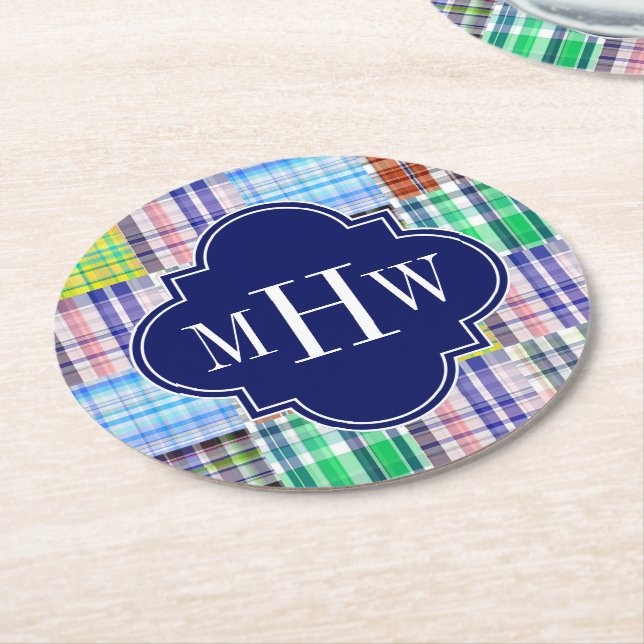 Preppy Patchwork Madras Navy Quatrefoil  Monogram Round Paper Coaster (Angled)