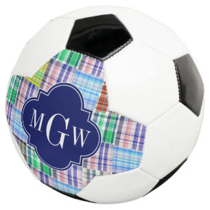Preppy Patchwork Madras Navy Quatrefoil Monogram Soccer Ball