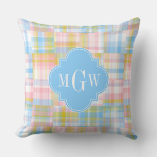 Preppy Patchwork Madras Pastel Quatrefoil Initials Cushion