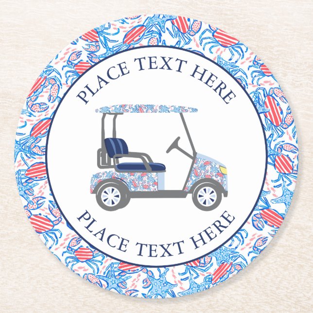 Preppy Patriotic Crabs Golf Cart Round Paper Coaster (Front)