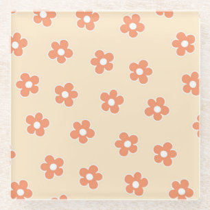 Preppy Peach White Hippie Flower Pattern Glass Coaster