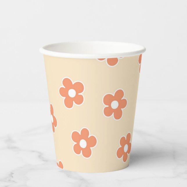 Preppy Peach White Hippie Flower Pattern Paper Cups (Front)