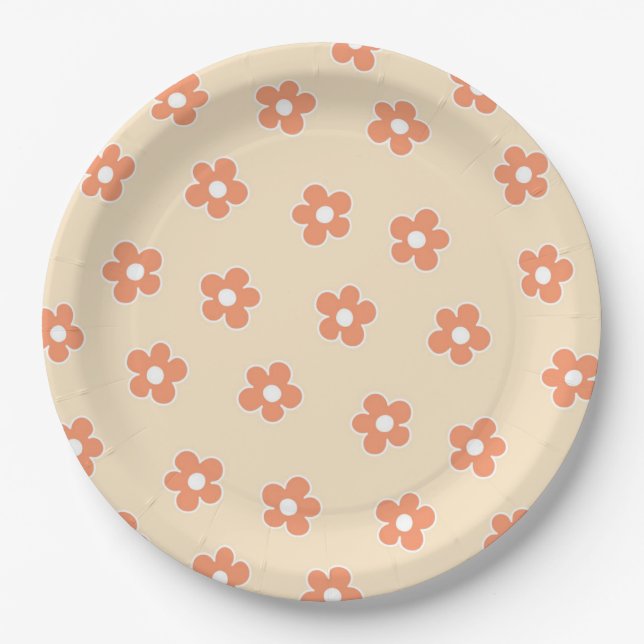 Preppy Peach White Hippie Flower Pattern Paper Plate (Front)