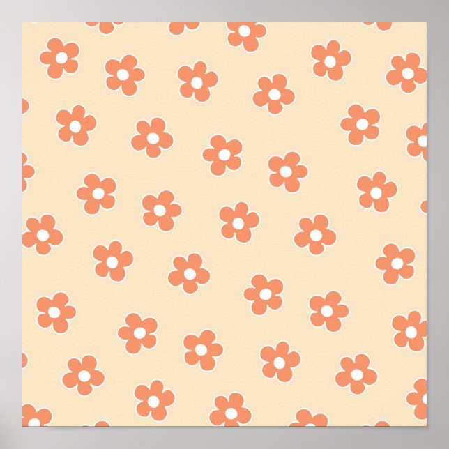Preppy Peach White Hippie Flower Pattern Poster (Front)
