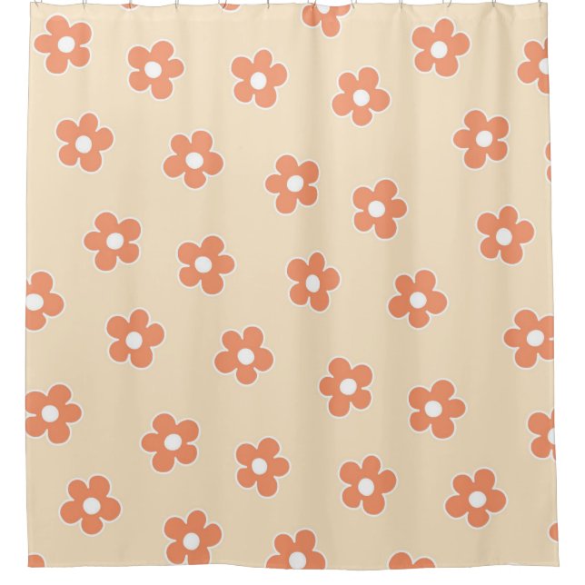 Preppy Peach White Hippie Flower Pattern Shower Curtain (Front)
