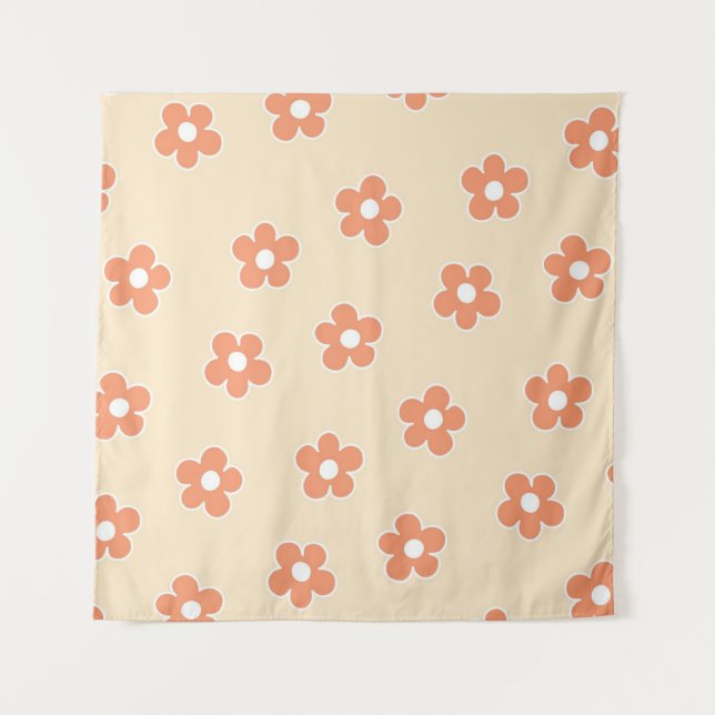 Preppy Peach White Hippie Flower Pattern Tapestry (Front)