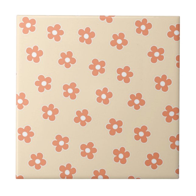 Preppy Peach White Hippie Flower Pattern Tile (Front)