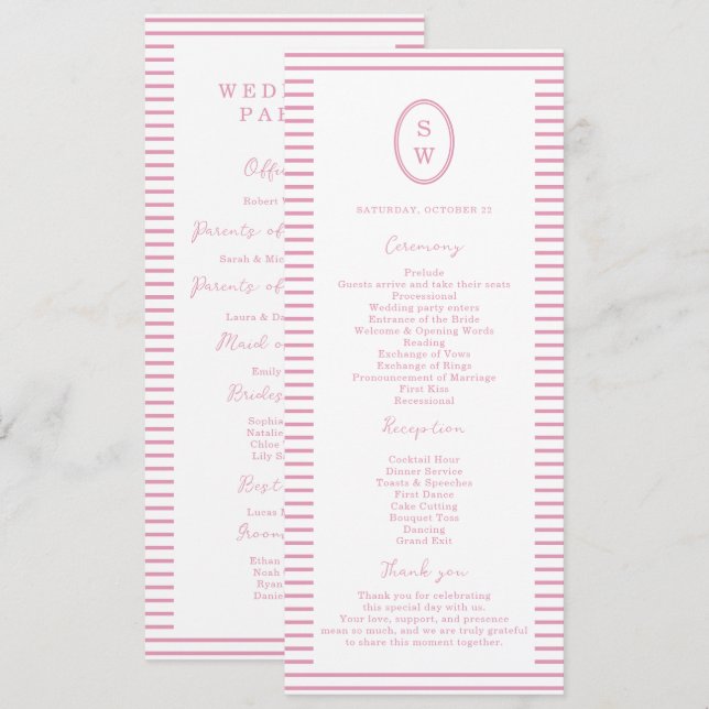 Preppy Peony Pink Chic Wedding Program Card (Front/Back)