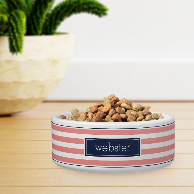 Preppy Personalised Coral & Navy Stripe Pet Bowl (Creator Uploaded)