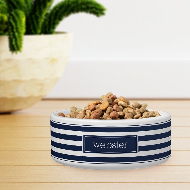 Preppy Personalised Navy Blue Stripe Pet Bowl (Creator Uploaded)
