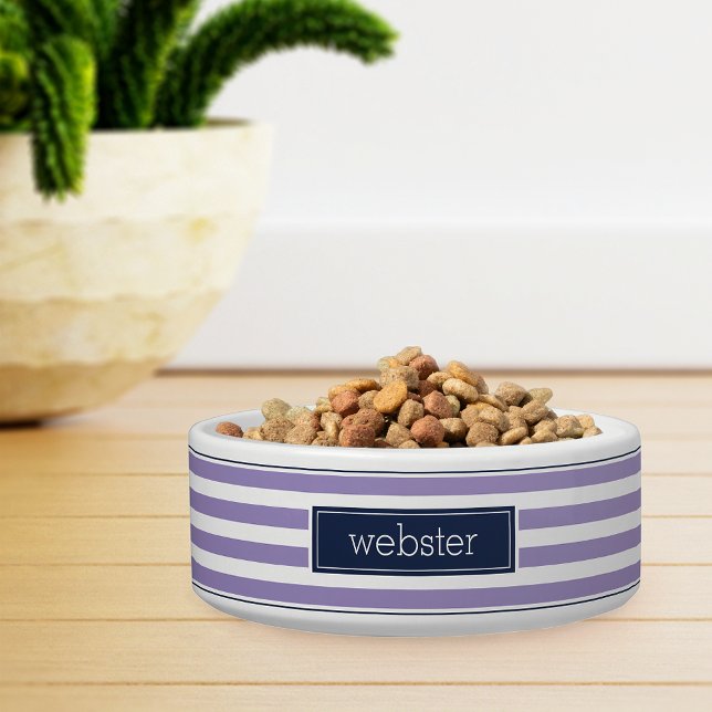 Preppy Personalised Purple & Navy Stripe Pet Bowl (Creator Uploaded)