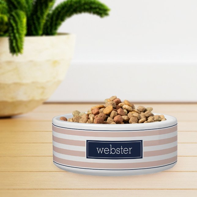 Preppy Personalized Blush & Navy Stripe Pet Bowl (Creator Uploaded)