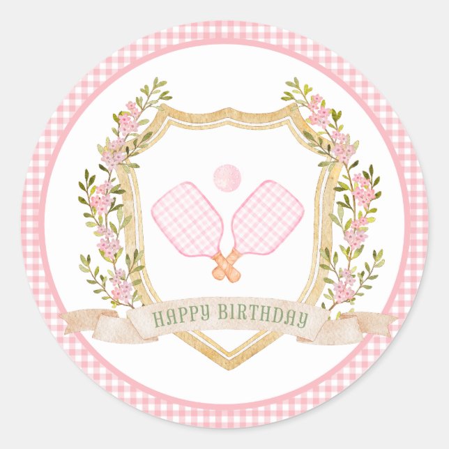 Preppy Pickle Ball Happy Birthday  Classic Round Sticker (Front)