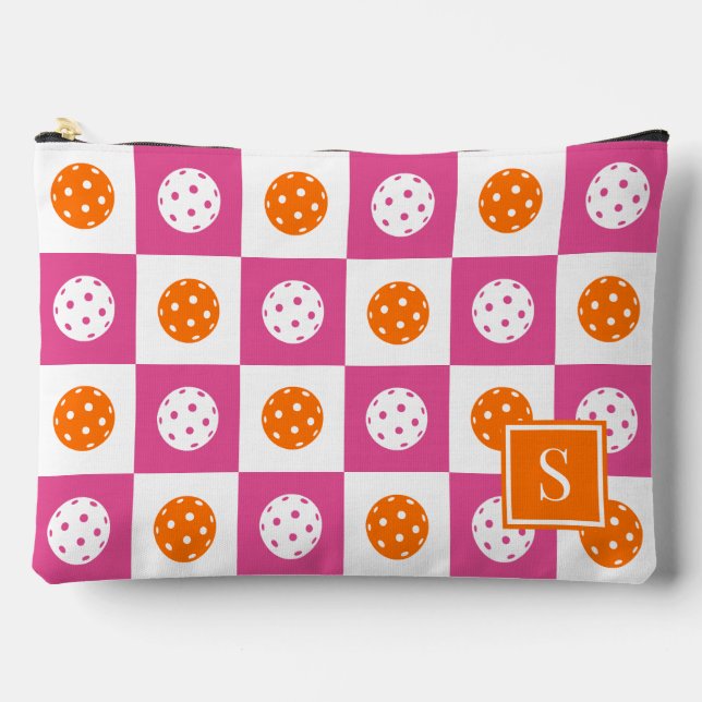 Preppy Pickleball Chequerboard - Hot Pink & Orange Accessory Pouch (Front)