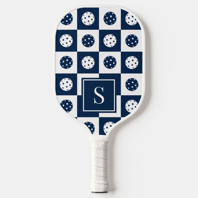 Preppy Pickleball Chequerboard - Navy & White Paddle (Front)