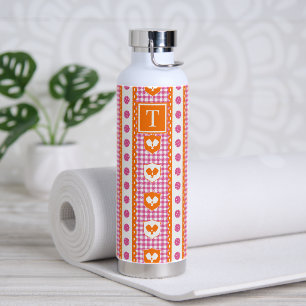 Preppy Pickleball Crest Gingham Hot Pink & Orange Water Bottle