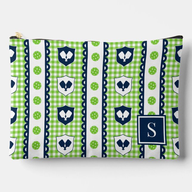 Preppy Pickleball Crest Gingham - Lime & Navy Accessory Pouch (Front)
